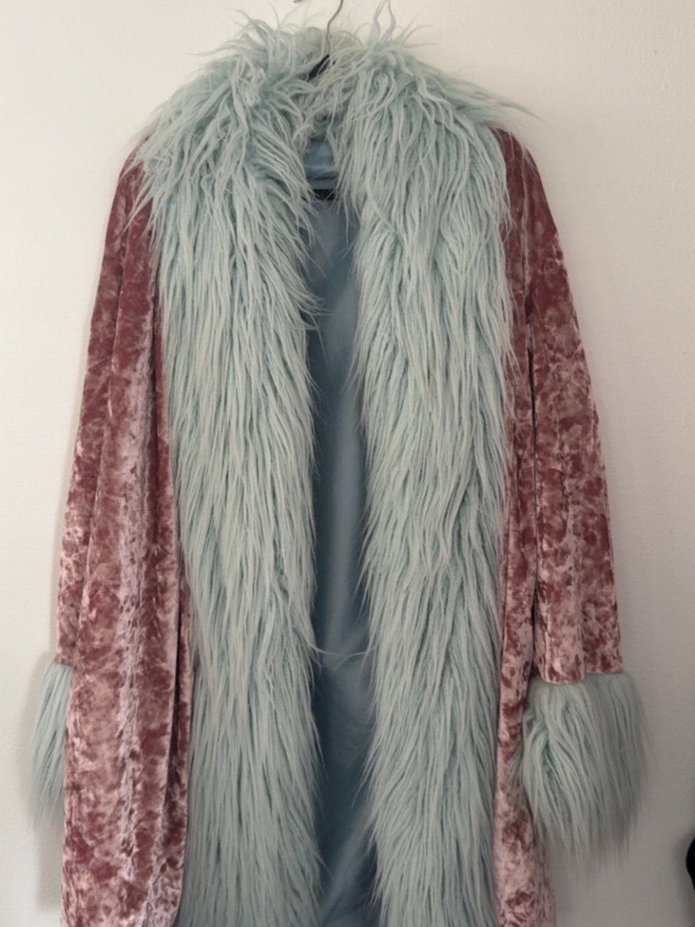 LUX MUSE FESTIVAL COAT Plush Fur Trim Velvet Duster - Dusty Pink & Pale Blue